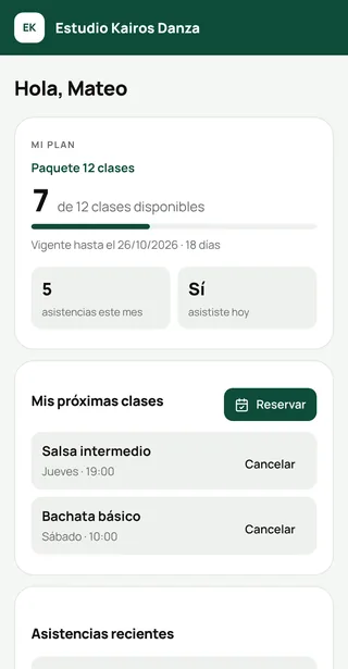 Plan del estudiante en el celular: 7 de 12 clases disponibles y sus próximas clases reservadas