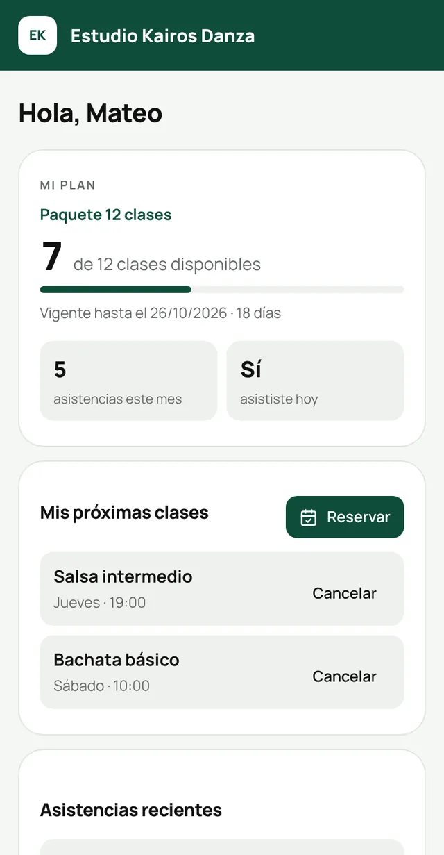 Plan de un estudiante de danza: 7 de 12 clases disponibles, asistencias del mes y clases reservadas