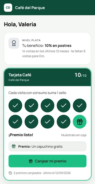 Tarjeta completa con el aviso Premio listo y el botón Canjear mi premio