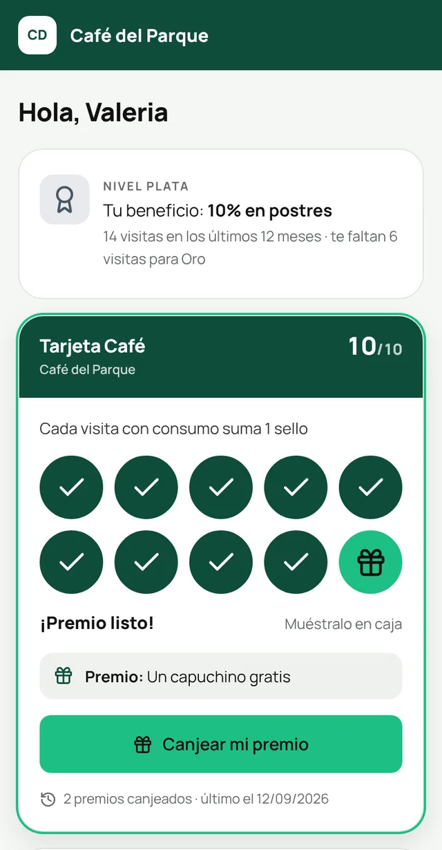 Tarjeta con 10 de 10 sellos lista para canjear en caja
